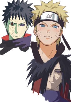 3boys black_hair blonde_hair blue_eyes closed_mouth commentary_request cracked_skin facial_mark forehead_protector hair_over_one_eye heterochromia highres konohagakure_symbol long_hair looking_at_viewer luv_chan55 male_focus multiple_boys naruto_(series) naruto_shippuuden rinnegan sharingan short_hair spiked_hair uchiha_madara uchiha_obito uzumaki_naruto whisker_markings white_background