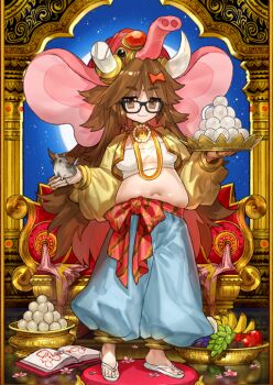 1girl :3 animal animal_hat apple banana belly bindi black-framed_eyewear blue_pants bow breasts breasts_apart brown_eyes brown_hair closed_mouth cropped_jacket elephant_hat fate/grand_order fate_(series) food food_request fruit full_body full_moon game_cg ganesha_(fate) glasses gold_choker gold_ring hair_bow hamster hands_up hat holding holding_animal holding_plate jacket jewelry long_hair long_sleeves medium_breasts moon multiple_rings navel necklace no_socks official_art open_clothes open_jacket pants plate plump puffy_long_sleeves puffy_pants puffy_sleeves red_bow red_sash ring sandals sash sidelocks solo standing strapless third-party_source toenails toes tube_top variant_set very_long_hair wada_arco white_sandals white_tube_top yellow_jacket