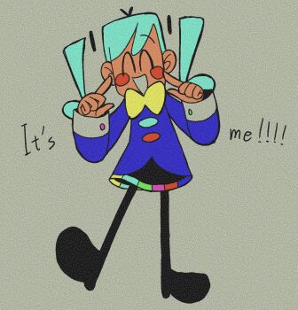 1girl ^_^ agpgwm aqua_eyes black_boots black_skirt blue_jacket blush blush_stickers boots bow bowtie buttons closed_eyes english_text flavor_foley hatsune_miku highres jacket long_sleeves pointing pointing_at_self short_twintails single_eyebrow skirt static_(vocaloid) twintails vocaloid yellow_bow yellow_bowtie
