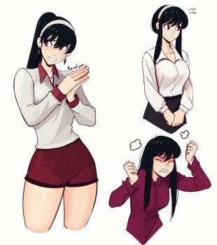 1girl absurdres artist_name black_hair blush breasts cleavage commentary earrings english_commentary gold_earrings hair_ornament hairband highres jewelry large_breasts lips long_hair looking_to_the_side raichiyo33 red_eyes sidelocks simple_background smile spy_x_family thighs white_hairband yor_briar
