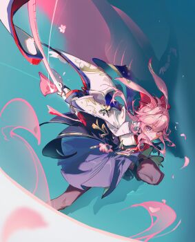 1girl absurdres blue_background bow bowtie charm_(object) commentary evanescia_(honkai:_star_rail) flower fox_girl fox_tail furioso gloves hair_between_eyes hair_bow hair_flower hair_ornament highres holding honkai_(series) looking_at_viewer measuring_stick pantyhose pink_hair pleated_skirt purple_eyes red_bow red_bowtie shirt short_hair_with_long_locks sidelocks skirt solo tail thigh_strap white_shirt
