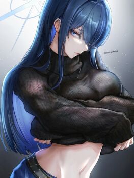 1girl belt black_belt black_sweater blue_archive blue_eyes blue_hair blue_halo clothes_lift colored_inner_hair commentary_request halo highres jewelry long_hair long_sleeves looking_at_viewer multicolored_hair navel necklace saori_(blue_archive) solo sow_graden429 sweater sweater_lift turtleneck turtleneck_sweater twitter_username undressing