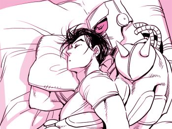 2boys alternate_hairstyle casual crazy_diamond diamond_wa_kudakenai hair_down higashikata_josuke hug hug_from_behind jojo_no_kimyou_na_bouken lying merumeru626 monochrome multiple_boys on_bed on_side shirt sleeping spooning stand_(jojo) t-shirt