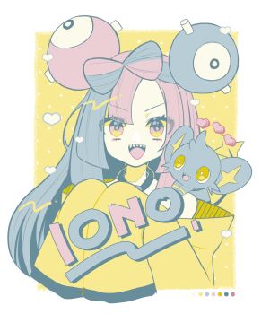 1girl :d border character_hair_ornament color_guide commentary_request eyelashes gen_4_pokemon hair_ornament hands_up heart highres iono_(pokemon) jacket long_hair looking_at_viewer nintendo off_shoulder on_shoulder open_mouth pink_eyes pink_hair pokemon pokemon_(creature) pokemon_on_shoulder pokemon_sv sharp_teeth shinx smile teeth tokkyo_chuuyu tongue upper_body upper_teeth_only white_border yellow_background yellow_jacket