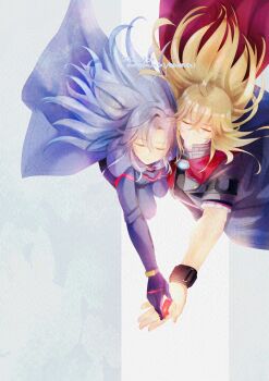 1boy 1girl a_(xenoblade) armored_bodysuit blonde_hair bluesky_username cape closed_eyes closed_mouth commentary_request core_crystal_(xenoblade) dated fon_(fon_dq) glowing grey_hair hair_between_eyes highres long_hair red_cape shulk_(xenoblade) smile twitter_username xenoblade_chronicles_(series) xenoblade_chronicles_3 xenoblade_chronicles_3:_future_redeemed