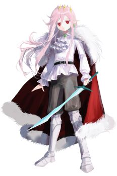 1boy absurdres androgynous animification armored_boots artist_request ascot bishounen boots brooch brown_pants cape chinese_commentary commentary_request commission crown dream_smp earrings full_body fur-trimmed_cape fur_trim gold_crown hair_between_eyes highres holding holding_sword holding_weapon humanization jeweled_crown jewelry long_hair long_sleeves looking_at_viewer male_focus minecraft_sword minecraft_youtube pants pink_hair pointed_crown pointy_ears red_cape red_eyes second-party_source shirt simple_background single_earring solo standing sword tachi-e technoblade trap variant_set very_long_hair weapon white_ascot white_background white_shirt