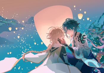 Rule 34 | 2boys, aether (genshin impact), ahoge, aqua gem, aqua hair, architecture, arm tattoo, baggy pants, belt, black shirt, blonde hair, blue belt, blue pants, braid, cape, chinese clothes, closed mouth, covered mouth, daimao 0, detached sleeves, east asian architecture, evening, floating clothes, floating hair, from behind, from side, gem, genshin impact, gold trim, hair between eyes, hair ribbon, hand on another's face, hand up, hashtag-only commentary, highres, house, jewelry, lantern, lantern festival, long hair, long sleeves, looking at another, low-braided long hair, low-tied long hair, male focus, mandarin collar, mountain, multiple boys, necklace, orange sky, outdoors, pants, paper lantern, pearl necklace, pelvic curtain, ribbon, river, shirt, short hair, short sleeves, shoulder spikes, sidelocks, single bare shoulder, single braid, single detached sleeve, sitting, sky, sky lantern, sleeveless, sleeveless shirt, smile, spikes, spread legs, tassel, tattoo, upper body, vision (genshin impact), white cape, white ribbon, white shirt, white sleeves, wide sleeves, window, xiao (genshin impact), yaoi, yellow eyes