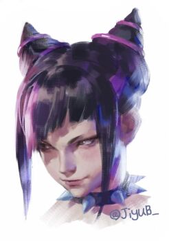 1girl black_hair brown_eyes closed_mouth collar commentary english_commentary hair_horns han_juri jiyub lips multicolored_hair nose pink_hair simple_background spiked_collar spikes street_fighter street_fighter_6 twitter_username two-tone_hair white_background