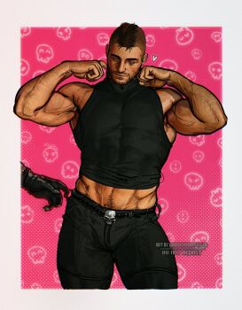 2boys bara belt biceps black_belt black_hair black_pants call_of_duty call_of_duty:_modern_warfare_2 closed_mouth facial_hair ghost_(modern_warfare_2) highres large_pectorals male_focus multiple_boys muscular muscular_male pants pectorals short_hair soap_(modern_warfare_2) solo_focus turtleneck twitter_username umikochannart