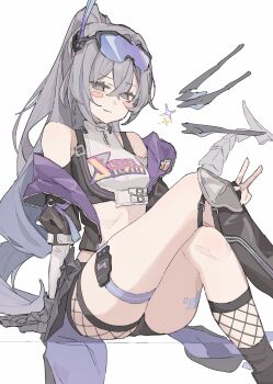 1girl :3 bare_shoulders black_gloves black_jacket black_shorts blush_stickers breasts closed_mouth coa_(35_seno) crop_top crossed_bangs crossed_legs eyewear_on_head feet_out_of_frame fishnet_socks fishnets gloves goggles goggles_on_head grey_eyes grey_hair hair_between_eyes highres honkai:_star_rail honkai_(series) jacket long_hair looking_at_viewer open_clothes open_jacket ponytail shirt short_shorts shorts silver_wolf_(honkai:_star_rail) simple_background sitting small_breasts smile socks solo thigh_strap thighs tinted_eyewear v very_long_hair white_background white_shirt