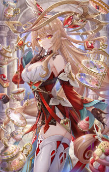 1girl absurdres alice_(genshin_impact) blonde_hair breasts cleavage clover_print commentary_request cookie cowlick cup dessert detached_sleeves dress floating floating_object food gem genshin_impact gloves heart-shaped_gem highres icing jewelry long_hair looking_at_viewer magic medium_breasts pastry pointy_ears red_sleeves revision ring side_ahoge smile sweets tea teacup thighhighs thighs torino_aqua vision_(genshin_impact)