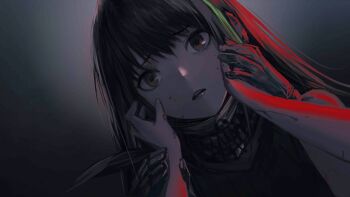 Rule 34 | 2girls, bandana, bandana around neck, blood, blood on arm, blood on face, brown eyes, brown hair, dark, dutch angle, game asset, girls' frontline, gloves, green hair, holding hands, infukun, long hair, lunasia (girls' frontline), m4a1 (girls' frontline), mask, multicolored hair, multiple girls, official art, parted lips, print bandana, simple background, skull print, sleeveless, sleeveless sweater, solo focus, spoilers, streaked hair, sweater, third-party source