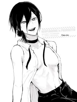 1girl breasts chainsaw_man choker commentary_request greyscale hair_between_eyes hair_bun highres looking_at_viewer madaosw medium_breasts medium_hair monochrome navel neck_ribbon open_clothes open_shirt reze_(chainsaw_man) ribbon shirt sleeveless sleeveless_shirt solo twitter_username undone_neck_ribbon