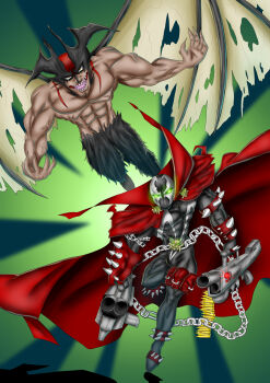 Rule 34 | 2boys, cape, chain, claws, crossover, demon, demon wings, devilman, devilman (character), glowing, glowing eyes, green eyes, gun, head wings, highres, holding, holding gun, holding weapon, image comics, kyuhri miyazato, male focus, mask, multiple boys, skull, spawn (comic), spawn (spawn), spikes, superhero costume, tail, weapon, wings