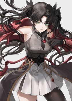 1girl asymmetrical_legwear black_gloves black_hair black_necktie black_shirt black_thighhighs blue_eyes breasts commentary_request earrings fate/stay_night fate_(series) gem gloves green_eyes grey_background highres honkai:_star_rail honkai_(series) hoop_earrings jacket jewelry korean_commentary long_hair medium_breasts necktie pantyhose pendant red_gem red_jacket rin's_pendant_(fate) shirt simple_background skirt smile solo thighhighs tohsaka_rin tohsaka_rin_(honkai:_star_rail) twintails white_skirt yeon_gaeng