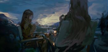 Rule 34 | 2girls, absurdres, bang dream!, bang dream! it's mygo!!!!!, brown hair, chair, chihaya anon, cup, highres, holding, holding cup, lemtun, long hair, multiple girls, nagasaki soyo, outdoors, pink hair, sidelocks, sitting, winter clothes