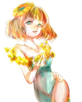 1girl animification blue_eyes brown_hair clarice_(disney) dress eyelashes flower hair_flower hair_ornament humanization looking_at_viewer mickey_mouse_&amp;_friends open_mouth personification short_hair smile solo sommmkk upper_body