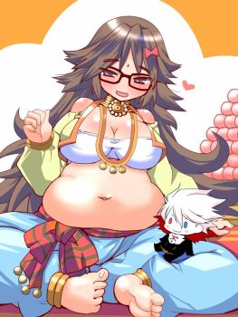 1girl barefoot belly bindi blue_eyes bow breasts brown_eyes brown_hair capri_pants character_doll choker cleavage commentary_request crop_top doll elephant_hat fate/extra fate/grand_order fate_(series) female_focus food ganesha_(fate) glasses hair_bow hat heart heterochromia indian_style jinako_carigiri karna_(fate) large_breasts long_hair long_sleeves navel open_mouth pants plump puffy_sleeves red_eyes sako_(bosscoffee) sash sitting smile solo translation_request white_hair