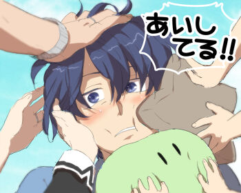 Rule 34 | 00s, 1boy, bad id, bad pixiv id, blue eyes, blue hair, clannad, dango daikazoku, hand on own head, male focus, matching hair/eyes, okazaki tomoya, short hair, solo, starfish, toire (tantei), yoshino yuusuke
