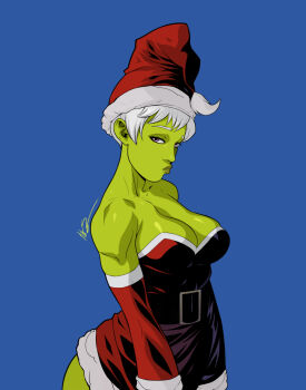 1girl ass blue_background breasts cheelai christmas cleavage colored_skin dragon_ball dragon_ball_super dress elbow_gloves exmile gloves green_skin hat highres large_breasts lips santa_costume santa_dress santa_hat shiny_skin short_hair simple_background solo standing wide_hips