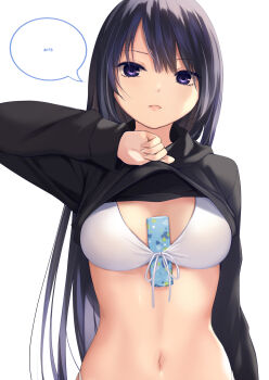 1girl between_breasts bikini black_hair black_hoodie breasts clothes_lift coffee-kizoku front-tie_bikini_top front-tie_top highres hood hood_down hoodie hoodie_lift lifting_own_clothes long_hair long_sleeves looking_at_viewer medium_breasts navel object_in_clothes object_in_swimsuit open_mouth original purple_eyes shiramine_rika simple_background solo speech_bubble stomach swimsuit upper_body white_background white_bikini