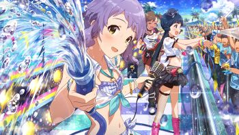 3girls audience black_skirt boots breasts card_commentary commentary_request concert day frilled_skirt frills from_side futami_mami game_asset guitar holding holding_guitar holding_hose holding_instrument holding_microphone hose idolmaster idolmaster_million_live! idolmaster_million_live!_theater_days instrument kitakami_reika looking_at_viewer looking_to_the_side makabe_mizuki microphone miniskirt multiple_girls navel official_art open_mouth outdoors palm_tree pink_boots purple_hair shirt short_hair single_fishnet_legwear single_thighhigh skirt small_breasts smile spraying thighhighs third-party_source tied_shirt tree water water_drop wet wet_clothes wet_shirt yellow_eyes