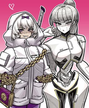 2girls absurdres albina_(project_moon) android blush_stickers book bow chain commentary cowboy_shot expressionless grey_eyes grey_hair grin hair_bow hands_in_pockets heart heterochromia highres hood hood_up kira_(project_moon) limbus_company long_hair looking_at_viewer mitama_nyan multiple_girls pink_background ponytail project_moon purple_bow sharp_teeth simple_background single_blush_sticker smile sword teeth twitter_username weapon weapon_on_back white_hair zipper_pull_tab