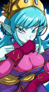 1girl aeos_(dragon_ball) bare_shoulders blue_eyes blue_hair blue_skin breasts cleavage closed_mouth colored_skin dragon_ball dragon_ball_heroes earrings gloves highres jewelry large_breasts long_hair looking_at_viewer pointy_ears potara_earrings purple_gloves smile solo swept_bangs takundraws