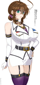 Rule 34 | 1girl, ahoge, black choker, bra, breast pocket, breasts, brown hair, chamumi (mochiumee), choker, cleavage cutout, clothing cutout, commentary request, epaulettes, female admiral (kancolle), fingerless gloves, folded ponytail, garter belt, gloves, green eyes, hand on own hip, heart cutout, highres, jacket, kantai collection, large breasts, military jacket, miniskirt, mole, mole on breast, mole on thigh, mole under mouth, open mouth, pencil skirt, pleated skirt, pocket, simple background, skirt, solo, thighhighs, translation request, underwear, white background, white gloves, white jacket