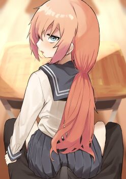 1boy 1girl black_pants black_skirt blue_eyes blurry blurry_background bulge bulge_to_ass buttjob buttjob_over_clothes desk erection erection_under_clothes hetero highres long_hair long_sleeves looking_at_viewer looking_back michinoku_komaro mizunoe_ume niizuka_(c-drop) open_mouth pants pink_hair pleated_skirt pov school_desk school_uniform seitokai_ni_mo_ana_wa_aru! serafuku shirt sitting sitting_on_lap sitting_on_person skirt solo_focus tight_clothes tight_pants white_shirt