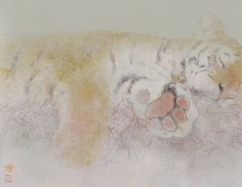 Rule 34 | animal focus, commentary request, damumun, grey background, muted color, no humans, original, sleeping, tiger, traditional media