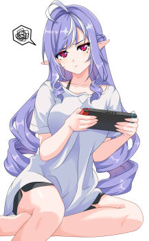 1girl ahoge alternate_costume black_shorts breasts closed_mouth collarbone commentary diamond-shaped_pupils diamond_(shape) drill_hair drill_sidelocks english_commentary feet_out_of_frame handheld_game_console head_tilt highres holding holding_handheld_game_console long_hair looking_at_viewer maxwelzy medium_breasts mole mole_under_eye nintendo_switch pointy_ears purple_hair red_eyes shirt shorts sidelocks simple_background sitting solo symbol-shaped_pupils t-shirt vivian_banshee white_background white_shirt zenless_zone_zero