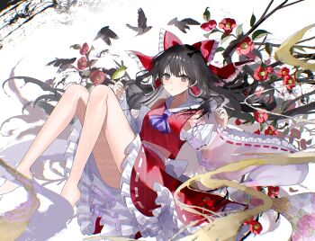 Rule 34 | 1girl, ascot, barefoot, bird, bird on hand, bow, brown eyes, brown hair, camellia, commentary, detached sleeves, flower, frilled bow, frilled hair tubes, frilled skirt, frills, green bird, hair bow, hair tubes, hakurei reimu, long hair, looking at viewer, purple ascot, red bow, red flower, red skirt, ribbon-trimmed skirt, ribbon-trimmed sleeves, ribbon trim, sakizaki saki-p, skirt, skirt set, solo, thighs, touhou, watermark