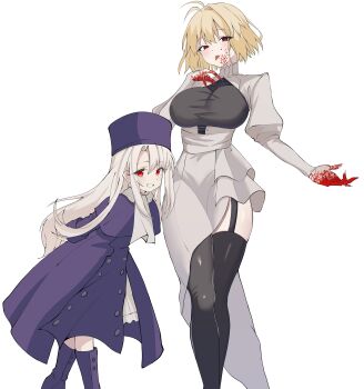 absurdres antenna_hair arcueid_brunestud arm_to_the_side bad_tag breasts clothes_to comment cosplay dress fate/stay_night fate_(series) franchise_crossover hair_shots hand_on_her_chest hat highres illyasviel_von_einzbern jewelry large_breasts leysritt_(fate) leysritt_(fate)_(cosplay) long_hair long_sideburns looking_at_the_viewer monochrome nails_framed_breasts only plaid_clothes plaid_skirt purple_dress purple_hat red_eyes resolution self-uploaded several_girls sharp_nails shokobr short_hair sideburns skirt smile standing sweater thick_thighs thighhighs thighs tongue tongue_out tsukihime turtleneck turtleneck_sweater vampire white_hair