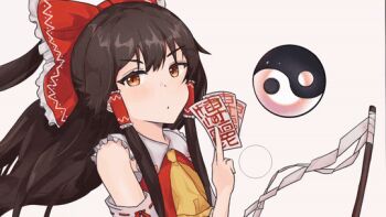 1girl animated animated_gif ascot between_fingers bow brown_hair closed_mouth commentary detached_sleeves dot_mouth emphasis_lines english_commentary envelope frilled_bow frilled_hair_tubes frills gohei hair_bow hair_tubes hakurei_reimu hand_up harlequin-wheels holding holding_gohei holding_ofuda long_hair nintendo ofuda orb red_bow red_skirt ribbon-trimmed_sleeves ribbon_trim simple_background skirt skirt_set smash_ball smash_invitation solo standing super_smash_bros. touhou upper_body v-shaped_eyebrows white_background yellow_ascot yin_yang yin_yang_orb