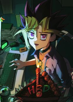 1boy alarm_clock arm_at_side bags_under_eyes birthday_cake black_choker black_hair cake cake_slice can candle card chair choker clock colored_bangs colored_tips computer_keyboard computer_mouse digital_clock dress_shirt drink_can exhausted facing_to_the_side food glasses handheld_game_console highres indoors lanyard looking_at_viewer looking_to_the_side looking_up male_focus monitor multicolored_hair muto_yugi notepad on_chair open_mouth papaya0813 paper partially_unbuttoned pen pencil pencil_case red_eyes red_shirt shirt sleeves_rolled_up soda_can spiked_hair sticky_note tape turning_head typing unbuttoned_sleeves unworn_eyewear yu-gi-oh! yu-gi-oh!_the_dark_side_of_dimensions