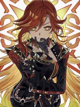 1girl ahoge arm_support biker_clothes bikesuit black_bodysuit black_gloves blonde_hair bodysuit breasts closed_mouth collarbone colored_inner_hair earrings eyeshadow genshin_impact gloves gold_ring gold_trim gradient_hair hair_between_eyes hand_on_own_chin hand_up highres jewelry large_breasts long_hair long_sleeves looking_at_viewer makeup mavuika_(genshin_impact) multicolored_hair multiple_rings nnyyy71 orange_hair pink_eyeshadow red_eyes red_hair ring single_sidelock solo standing sun_earrings sun_symbol symbol-shaped_pupils very_long_hair white_background wide_sleeves yellow_pupils