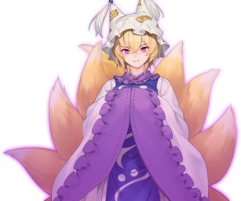 1girl animal_hat blonde_hair blue_tabard breasts closed_mouth dress eho_(icbm) fox_tail frilled_sleeves frills game_cg hands_in_opposite_sleeves hat kitsune labyrinth_of_touhou_(series) labyrinth_of_touhou_tri large_breasts looking_at_viewer mob_cap multiple_tails non-web_source official_art possessed purple_theme smile solo tabard tail touhou transparent_background white_dress yakumo_ran yellow_eyes