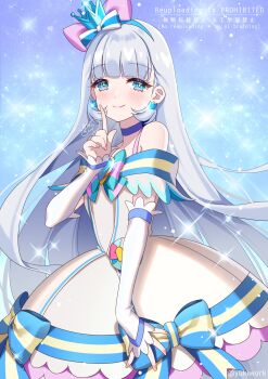 1girl absurdres aqua_bow aqua_bowtie aqua_hairband artist_logo blue_bow blue_bowtie blue_choker blue_crown blue_eyes blue_hairband blunt_bangs bow bowtie brooch choker closed_mouth cowboy_shot crown crown_earrings cure_nyammy dress dress_bow earrings elbow_gloves gloves grey_hair hair_bow hairband half-closed_eyes half_gloves heart heart_brooch highres index_finger_raised jewelry light_particles logo long_hair looking_at_viewer magical_girl medium_dress mini_crown nekoyashiki_yuki off-shoulder_dress off_shoulder pact_holder pink_bow pointed_crown pouch precure shiny_cats_pact signature smile solo sparkle standing tilted_headwear twitter_username very_long_hair watermark white_crown white_dress white_gloves wonderful_precure! yukinko_(yukiwork)