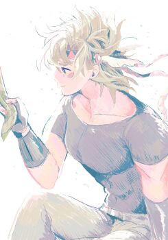 ... 1boy battle_tendency belt black_gloves black_shirt blonde_hair blue_eyes blush caesar_anthonio_zeppeli closed_mouth collarbone commentary_request crew_neck facial_mark fake_head_wings fingerless_gloves gloves gogeyama hair_behind_ear headband highres holding holding_paper jojo_no_kimyou_na_bouken light_smile male_focus medium_hair pants paper parted_hair shirt short_sleeves simple_background sitting solo white_background