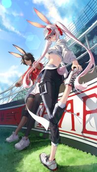 Rule 34 | 2girls, absurdres, animal ears, asymmetrical legwear, black hair, black pants, blue sky, character request, closed mouth, commentary, copyright request, crop top, crop top overhang, cropped hoodie, dark-skinned female, dark skin, day, fingernails, highres, hood, hoodie, leg up, lens flare, long hair, looking at viewer, looking back, looking down, moon (restire), multiple girls, nail polish, outdoors, pants, pink hair, rabbit ears, red nails, red shirt, shadow, shirt, shoes, short hair, short shorts, shorts, sky, sleeveless, sleeveless shirt, smile, sneakers, sports bra, sports bra peek, standing, standing on one leg, stretching, symbol-only commentary, track pants, turning head, twintails, very long hair, visor cap, white hoodie, white shoes, white shorts