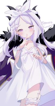 1girl ahoge black_coat blue_archive blush breasts coat coat_on_shoulders demon_girl demon_horns demon_wings highres hina_(blue_archive) horns long_hair looking_at_viewer low_wings oruorz purple_eyes ribbon simple_background small_breasts solo very_long_hair white_background white_hair white_ribbon wings