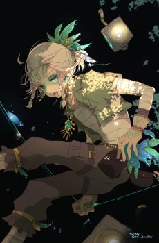 1boy :d bandaged_arm bandaged_torso bandages black_background braid brown_gloves capri_pants cropped_jacket dappled_sunlight eric_knikki eye_glitter facial_mark fang feather_hair_ornament feathers feet_out_of_frame floating_clothes floating_hair gloves green_eyes hair_ornament identity_v looking_at_viewer luca_balsa luca_balsa_(viper) male_focus official_alternate_costume open_mouth pants ponytail puffy_pants short_ponytail skin_fang smile solo sunlight twin_braids white_hair