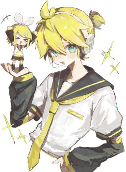 Rule 34 | > <, +++, 1boy, 1girl, :d, \o/, absurdres, antenna hair, aqua eyes, arako o, arms up, black sailor collar, black sleeves, blonde hair, bow hairband, brother and sister, commentary request, cropped torso, detached sleeves, double-parted bangs, hair between eyes, hair ornament, hairband, hand on own hip, hand up, headphones, headset, highres, kagamine len, kagamine rin, long sleeves, looking at viewer, mini person, minigirl, neckerchief, necktie, open mouth, outstretched arms, ponytail, puffy long sleeves, puffy short sleeves, puffy sleeves, sailor collar, short hair, short ponytail, short sleeves, siblings, simple background, smile, sparkle, tongue, twins, vocaloid, white background, white hairband, yellow neckerchief, yellow necktie, yellow trim