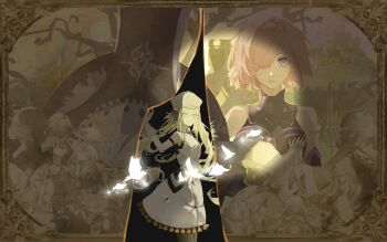 2boys 6+girls absurdres arm_strap arm_up armor armored_leotard artoria_caster_(fate) artoria_caster_(first_ascension)_(fate) artoria_pendragon_(fate) aurora_(fate) avalon_le_fae_(fate/grand_order) baobhan_sith_(fate) baobhan_sith_(first_ascension)_(fate) bare_shoulders barghest_(fate) barghest_(first_ascension)_(fate) bird black_gloves black_leotard black_pantyhose blonde_hair border butterfly_wings closed_eyes closed_mouth cnoc_na_riabh_(fate) commentary crown cu_chulainn_(caster)_(fate) cu_chulainn_(fate) dress elbow_gloves fate/grand_order fate_(series) fujimaru_ritsuka_(female) gloves glowing_bird green_eyes grey_gloves grey_hat habetrot_(fate) hair_between_eyes hair_over_one_eye hat highres holding holding_weapon hood hood_up hope_(fate) horns insect_wings julhxh leonardo_da_vinci_(fate) leonardo_da_vinci_(fate/grand_order) leonardo_da_vinci_(rider)_(fate) leonardo_da_vinci_(rider)_(first_ascension)_(fate) leotard long_hair looking_at_viewer lord_camelot_(fate) mash_kyrielight mash_kyrielight_(demi-servant) medb_(fate) melusine_(fate) melusine_(first_ascension)_(fate) morgan_le_fay_(fate) morgan_le_fay_(queen_of_winter)_(fate) multiple_boys multiple_girls oberon_(fate) open_mouth ornate_border pantyhose parted_lips pink_hair ponytail purple_eyes shield shirt short_hair skirt sleeveless sleeveless_shirt spot_color spotlight staff stole tapestry tiara twintails weapon white_dress white_shirt white_skirt wings
