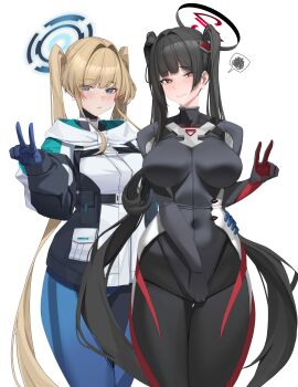 Rule 34 | 2girls, absurdres, alternate hairstyle, black bodysuit, black hair, black halo, blonde hair, blue archive, blue eyes, blue halo, bodysuit, breasts, commentary, covering crotch, covering privates, embarrassed, furrowed brow, gloves, gong dol hong, halo, highres, hood, hooded jacket, jacket, large breasts, long hair, multiple girls, official alternate costume, red eyes, rio (armed) (blue archive), rio (blue archive), skin tight, squiggle, toki (armed) (blue archive), toki (blue archive), twintails, v, very long hair, white background, white jacket