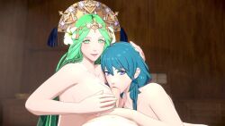 1boy 2girls 3d absurdres animated bisexual_female blue_eyes blue_hair breast_sucking breasts breasts_squeezed_together female_byleth_(fire_emblem) cinderdryadva continuous_ejaculation cum cumdrip ejaculation ejaculation_between_breasts fellatio ffm_threesome fire_emblem fire_emblem:_three_houses grabbing_another&#039;s_breast green_eyes green_hair groping group_sex highres intelligent_systems koei_tecmo large_breasts long_hair looking_at_viewer medium_hair moaning multiple_girls nao_(pixiv_5120470) nintendo nodusfm oral paizuri pale_skin pov rhea_(fire_emblem) sarielle13 smile sound teamwork threesome uncensored video