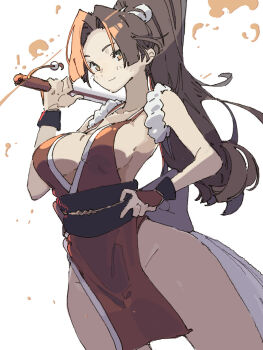 Rule 34 | black sash, breasts, brown eyes, brown hair, cleavage, collarbone, commentary, dress, fire, groin, hand fan, high ponytail, highres, holding, holding fan, long hair, motoyui, no panties, obi, ooiwa (irc14786149), pelvic curtain, ponytail, red dress, revealing clothes, sash, shiranui mai, simple background, street fighter, white background