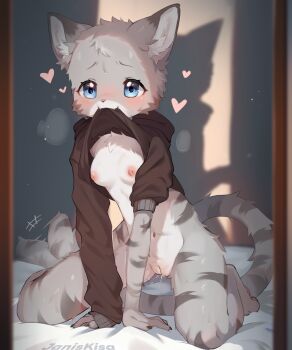1girl animal_ear_fluff animal_ears animal_nose artist_name blue_eyes blush body_fur breasts cat_ears cat_girl cat_tail cleft_of_venus clothes_lift commission furry furry_female grey_fur heart highres kisahuiisa kneeling lifting_own_clothes looking_at_viewer mouth_hold navel nipples original pussy pussy_juice small_breasts solo tail tail_wagging uncensored white_fur