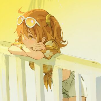 1girl ahoge eyewear_on_head fate/grand_order fate_(series) floral_print fomnant fujimaru_ritsuka_(female) fujimaru_ritsuka_(female)_(tropical_summer) hair_ornament hair_scrunchie hawaiian_shirt hibiscus_print highres leaf_print midriff official_alternate_costume orange-tinted_eyewear orange_hair orange_scrunchie orange_shirt scrunchie shirt shorts solo sunglasses tied_shirt tinted_eyewear white-framed_eyewear white_shorts yellow_scrunchie